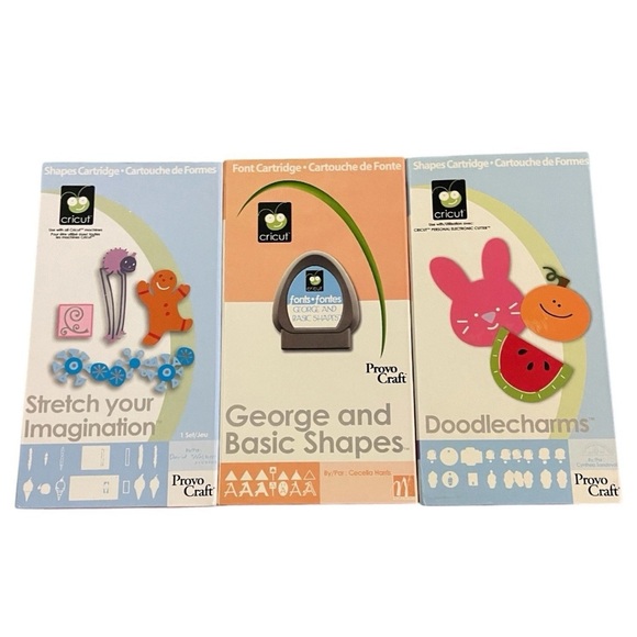 CRICUT 3 Cartridges-Stretch Imagination-Doodlecharms -George & Basic Shape - Picture 1 of 6